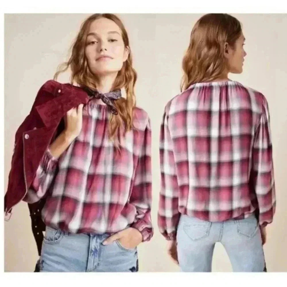 ANTHROPOLOGIE Cloth & Stone Glacier Plaid Blouse Top Size Size